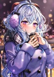 Rule 34 | 1girl, absurdres, ahoge, blue hair, blush, breath, cityscape, coat, cold, cup, earmuffs, ganyu (genshin impact), genshin impact, goat horns, hair between eyes, hands up, highres, holding, holding cup, horns, long hair, long sleeves, looking away, multicolored eyes, nyamaso, outdoors, parted lips, plaid, plaid scarf, purple coat, purple eyes, scarf, sidelocks, snow, snowing, solo, twitter username, upper body, winter, winter clothes, winter coat