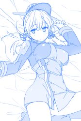 Rule 34 | 10s, 1girl, blue theme, breasts, hat, himura kiseki, kantai collection, lying, medium breasts, monochrome, on back, prinz eugen (kancolle), solo, twintails