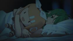 Rule 34 | 2girls, bed, blanket, commentary, darkness, doll, green hair, gumi, highres, hugging toy, kagamine rin, looking at viewer, lying, multiple girls, night, pillow, sad, stuffed toy, tearing up, vocaloid, wounds404