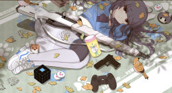 Rule 34 | 1girl, absurdres, bird, black gloves, black hair, blue archive, blue shirt, bolt action, closed mouth, full moon, gloves, gun, handgun, headband, highres, knee pads, leaf, long sleeves, looking at viewer, lying, miyu (blue archive), moon, mosin-nagant, on side, pantyhose, pink hair, playstation controller, rifle, school uniform, shirt, shoes, single knee pad, skirt, sneakers, solo, weapon, white footwear, white pantyhose, white skirt, wulala