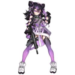 Rule 34 | 1girl, arm up, assault rifle, black hair, boots, breasts, carbine, closed mouth, cone hair bun, double bun, eyepatch, folding stock, full body, girls&#039; frontline, gloves, gradient legwear, gun, hair between eyes, hair bun, hair ornament, holding, holding gun, holding weapon, kac-pdw, kac-pdw (girls&#039; frontline), long hair, looking at viewer, official art, panties, personal defense weapon, purple eyes, purple gloves, purple hair, purple legwear, rifle, scope, see-through, shanyao jiang tororo, shoes, small breasts, smile, sneakers, solo, standing, stock (firearm), submachine gun, thigh strap, thighs, transparent background, trigger discipline, underwear, vertical forward grip, weapon, white footwear