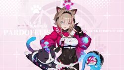 Rule 34 | 1girl, animal, animal ears, animal hands, black gloves, black headwear, box, breasts, can (honkai impact), cat, cat ears, cat girl, cat tail, character name, chinese commentary, clenched hand, fingerless gloves, gift, gift box, gloves, green eyes, happy birthday, high ponytail, highres, holding, holding gift, honkai (series), honkai impact 3rd, jacket, jumping, large breasts, looking at viewer, mole, mole under eye, multicolored hair, nail polish, navel, official alternate costume, official art, official wallpaper, open clothes, open jacket, open mouth, pardofelis (honkai impact), pink jacket, pink sleeves, simple background, streaked hair, tail, upper body