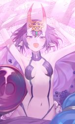 Rule 34 | 1girl, absurdres, armpits, arms up, bare arms, blush, breasts, fate/grand order, fate (series), gourd, headpiece, highres, horns, looking at viewer, lying, navel, on back, open mouth, pointy ears, purple eyes, purple hair, revealing clothes, sb lama, short eyebrows, shuten douji (fate), skin-covered horns, small breasts, solo