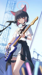 Rule 34 | 1girl, absurdres, animal ears, bass guitar, belt, bilibilida, blue archive, blue sky, cat ears, choker, clothes around waist, colored inner hair, electric guitar, glowstick, guitar, halo, highres, holding, holding instrument, instrument, jacket, jacket around waist, kazusa (band) (blue archive), kazusa (blue archive), microphone, multicolored hair, music, official alternate costume, playing guitar, playing instrument, pleated skirt, shirt, singing, skirt, sky, stage, thigh belt, thigh strap, white shirt