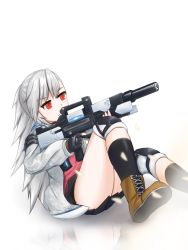 Rule 34 | 1girl, black gloves, black skirt, black socks, boots, brown footwear, bullpup, closers, commentary, cross-laced footwear, feet out of frame, fingerless gloves, gloves, grey jacket, gun, highres, holding, holding gun, holding weapon, jacket, knee pads, knee up, lace-up boots, long hair, long sleeves, looking away, open clothes, open jacket, pleated skirt, red eyes, red shirt, reflection, shirt, shoe soles, silver hair, skirt, socks, solo, stratosphere (coom1017), tina (closers), two-handed, very long hair, weapon, weapon request, white background
