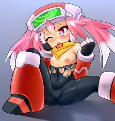 Rule 34 | 1girl, bad id, bad tumblr id, blush, bodysuit, boots, call (mighty no. 9), cameltoe, cleft of venus, detached sleeves, covered erect nipples, fallen down, flat chest, goggles, goggles on head, hat, kairunoburogu, knee boots, long hair, mighty no. 9, nipples, pink eyes, pink hair, robot, robot ears, skin tight, solo, spread legs, thighs, torn bodysuit, torn clothes, twintails