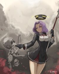 Rule 34 | 10s, 1girl, black dress, black gloves, bob cut, bone, bow, bowl cut, breasts, cloud, cloudy sky, day, dress, glaive (polearm), gloves, hair intakes, halo, holding, holding weapon, kantai collection, lansane, long sleeves, mechanical halo, medium breasts, outdoors, outstretched hand, parted bangs, polearm, purple eyes, purple hair, ribs, short dress, short hair, signature, skeleton, skull, sky, smile, solo, tatsuta (kancolle), teeth, underbust, weapon