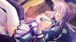 Rule 34 | 1boy, 1girl, between legs, grabbing another&#039;s breast, breasts, breasts out, character request, copyright request, game cg, grabbing, hetero, nipples, purple hair, thighhighs, white thighhighs, yamamoto kazue