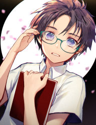 Rule 34 | 1boy, adjusting eyewear, black hair, book, commentary, glasses, highres, holding, holding book, male focus, mole, mole under eye, open mouth, original, penguu (green528), petals, purple eyes, shirt, short hair, short sleeves, solo, symbol-only commentary, upper body, white shirt
