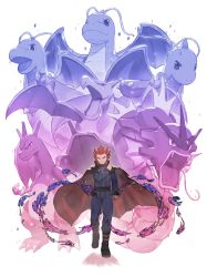 Rule 34 | 1boy, absurdres, aerodactyl, belt, black belt, black cloak, charizard, clenched hand, cloak, closed mouth, commentary request, creatures (company), dragonite, energy, game freak, gen 1 pokemon, gyarados, hand up, highres, jacket, lance (pokemon), long sleeves, looking at viewer, male focus, nintendo, odd (hin yari), pants, pokemon, pokemon (creature), pokemon hgss, red eyes, red hair, smile, spiked hair