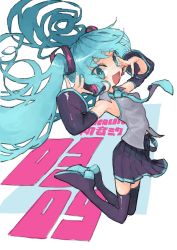 Rule 34 | 1girl, 39, aqua eyes, aqua hair, black thighhighs, blush, boots, character name, copyright name, detached sleeves, full body, green hair, hair ornament, hatsune miku, headphones, highres, jumping, kasa (hitori sanka), long hair, looking at viewer, multiple girls, necktie, open mouth, skirt, sleeveless, smile, solo, thigh boots, thighhighs, twintails, very long hair, vocaloid, zettai ryouiki