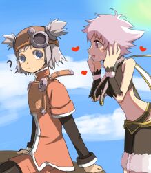 Rule 34 | 2girls, ?, blue hair, blue sky, blush, hands on own face, heart, layered sleeves, long sleeves, looking at another, multiple girls, pink hair, pratty, purple eyes, short hair, short over long sleeves, short sleeves, sky, sugarette, summon night, summon night: swordcraft story, two side up, white hair, yeyuge