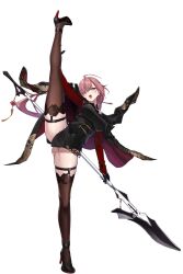 Rule 34 | 1girl, absurdres, black coat, black footwear, black gloves, black thighhighs, ciel (counter:side), coat, counter:side, full body, gloves, grey eyes, high heels, highres, holding, holding polearm, holding weapon, leg lift, looking at viewer, official art, pink hair, polearm, skirt, solo, spear, tachi-e, thighhighs, transparent background, weapon