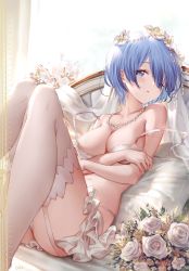 Rule 34 | 1girl, 77gl, absurdres, ass, bare shoulders, bed, between breasts, blue eyes, blue hair, bouquet, bra, breast hold, breasts, bridal veil, cleavage, collarbone, commentary, flower, garter belt, garter straps, glint, hair between eyes, hair flower, hair ornament, highres, jewelry, knees up, looking at viewer, lying, medium breasts, navel, necklace, non-web source, off shoulder, on back, on bed, open mouth, panties, pearl necklace, pillow, re:zero kara hajimeru isekai seikatsu, rem (re:zero), short hair, solo, strap slip, thighhighs, underwear, underwear only, veil, white bra, white garter belt, white garter straps, white panties, white thighhighs