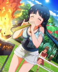 Rule 34 | 10s, 2girls, bamboo, blue hair, breasts, brown hair, cleavage, cooking, fire, grill, grilling, idolmaster, idolmaster million live!, jewelry, kitakami reika, long hair, multiple girls, necklace, official art, shorts, tenkuubashi tomoka, twintails