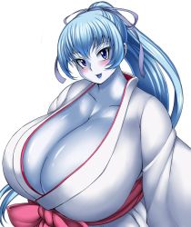 Rule 34 | 1girl, aoi (gegege no kitarou), astraea13, blue eyes, blue hair, blue skin, blush, breasts, cleavage, colored skin, gegege no kitarou, gigantic breasts, hair ribbon, highres, huge breasts, long hair, looking at viewer, open mouth, ribbon, smile, solo, upper body, yuki onna