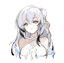 Rule 34 | 1girl, artist name, azur lane, breasts, cleavage, criss-cross halter, earrings, flower, hai tien (azur lane), hair flower, hair ornament, halterneck, jewelry, large breasts, long hair, looking at viewer, own hands together, simple background, sketch, solo, vilor, white background, white flower, white hair, yellow eyes