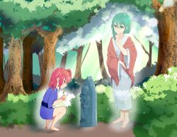 Rule 34 | 2girls, absurdres, aged down, alternate costume, asymmetrical hair, barefoot, blue kimono, bush, child, closed mouth, commentary request, day, flower, forest, full body, ghost, grass, green eyes, green hair, haori, highres, holding, holding flower, jacket, japanese clothes, jizou, kimono, looking at another, multiple girls, nature, one side up, onozuka komachi, orange jacket, outdoors, red eyes, red flower, red hair, shiki eiki, short hair, shouko (airen), smile, touhou, tree, white kimono, yellow flower