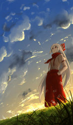 Rule 34 | 1girl, bad id, bad pixiv id, bow, cloud, dusk, fujiwara no mokou, grass, hair bow, hands in pockets, highres, kankan33333, long hair, outdoors, pants, red eyes, scarf, shirt, sky, smile, solo, standing, suspenders, touhou, twilight, very long hair, white hair, white shirt