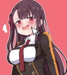 Rule 34 | 1girl, @ @, ^^^, absurdres, blunt bangs, blush, breasts, collared shirt, commentary, cursor, girls&#039; frontline, hayarob, highres, jacket, large breasts, long hair, necktie, open mouth, pink background, purple hair, red background, red eyes, red necktie, shirt, simple background, solo, upper body, wa2000 (girls&#039; frontline), white shirt