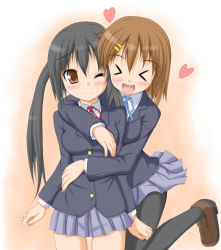 Rule 34 | &gt; &lt;, 00s, 2girls, :d, > <, black hair, blush, bow, bowtie, brown eyes, brown hair, closed eyes, female focus, from behind, happy, hirasawa yui, hug, hug from behind, k-on!, long hair, multiple girls, nakano azusa, neck ribbon, one eye closed, open mouth, pantyhose, qy73, red ribbon, ribbon, school uniform, short hair, shy, skirt, smile, standing, twintails, wink, xd, yuri