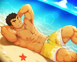 Rule 34 | 1boy, abs, armpits, arms behind back, bara, barry go, blush, body hair, brown hair, chest hair, drawstring, facial hair, goatee, highres, long sideburns, looking at viewer, lying, male focus, male swimwear, manly, multicolored male swimwear, multicolored swim trunks, muscular, navel, nipples, ocean, on back, pectorals, sand, shorts, sideburns, solo, starfish, stubble, sunlight, swim trunks, swimsuit, takabushi kengo, thick eyebrows, thighs, tokyo houkago summoners, upper body, white male swimwear, white swim trunks, yellow male swimwear, yellow swim trunks