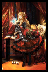 Rule 34 | 1girl, blonde hair, book, border, curtains, dress, flask, highres, jewelry, long hair, looking at viewer, md5 mismatch, original, patterned, potion, red eyes, resolution mismatch, smile, solo, source smaller, table, watanabe minoru
