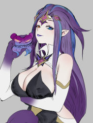 Rule 34 | 1girl, alternate costume, alternate hair color, bare shoulders, blue eyes, breasts, cleavage, elbow gloves, gloves, glowing, glowing eye, large breasts, league of legends, lips, lipstick, long hair, magical girl, makeup, aged up, orange eyes, parted lips, pointy ears, purple hair, purple lips, solo, star (symbol), star guardian (league of legends), star guardian zoe, thighhighs, very long hair, zoe (league of legends)