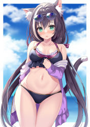 Rule 34 | 1girl, animal ear fluff, animal ears, bad id, bad pixiv id, bikini, black bikini, black hair, blue sky, blush, breasts, cat ears, cat girl, cat tail, cleavage, eyewear on head, green eyes, hair between eyes, harimoji, jacket, karyl (princess connect!), karyl (summer) (princess connect!), long hair, looking at viewer, low twintails, medium breasts, multicolored hair, navel, off shoulder, open clothes, open jacket, princess connect!, purple jacket, sky, solo, streaked hair, swimsuit, tail, thighs, twintails, white hair