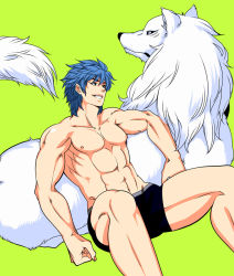 Rule 34 | 10s, blue hair, muscular, topless male, short hair, smile, terry cloth, toriko (series), toriko (toriko), wolf