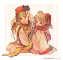 Rule 34 | 2girls, ainu clothes, animal ears, aquaplus, arms up, blush, breasts, brown hair, family, from side, hair between eyes, hair ornament, hair ribbon, hat, highres, inui (utawarerumono), jewelry, long hair, long sleeves, looking at another, looking at viewer, multiple girls, nekone (utawarerumono), open clothes, open mouth, petari86stick, red eyes, ribbon, sidelocks, signature, sitting, sleeves rolled up, small breasts, sweat, sweatdrop, twintails, utawarerumono, utawarerumono: itsuwari no kamen, utawarerumono: lost flag