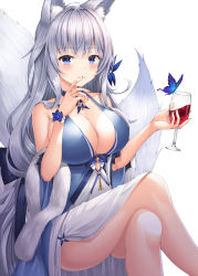 Rule 34 | 1girl, absurdres, animal ear fluff, animal ears, ass, azur lane, bare shoulders, blue butterfly, blue collar, blue dress, blue eyes, blue flower, breasts, bug, butterfly, center opening, collar, cup, dress, drinking glass, evening gown, feather boa, flower, fox ears, hair flower, hair ornament, halter dress, halterneck, highres, holding, holding cup, bug, kitsune, kyuubi, large breasts, large tail, crossed legs, long hair, looking at viewer, multiple tails, official alternate costume, shinano (azur lane), shinano (dreams of the hazy moon) (azur lane), silver hair, sleeveless, sleeveless dress, solo, tail, thighs, tsuki no kitsune, very long hair, white dress, white tail, wine glass, wrist flower