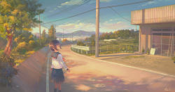 Rule 34 | 1girl, black hair, blue sailor collar, blue skirt, blue sky, building, bush, cloud, commentary request, drainpipe, feel (nasitaki), fence, grass, greenhouse, highres, kneehighs, long sleeves, looking at viewer, looking back, mountain, mountainous horizon, neckerchief, original, outdoors, plant, pleated skirt, potted plant, power lines, railing, red eyes, red neckerchief, road, sailor collar, scenery, school uniform, serafuku, shirt, short hair, sidelocks, signature, skirt, sky, socks, solo, standing, town, tree, tree shade, twilight, white shirt