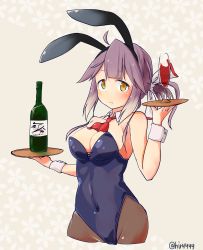 Rule 34 | 1girl, absurdres, ahoge, alcohol, animal ears, ascot, beige background, black leotard, black pantyhose, blue background, bottle, breasts, cleavage, covered navel, cowboy shot, cropped legs, cup, detached collar, drinking glass, fake animal ears, floral background, grey hair, hair ribbon, hayanami (kancolle), highres, kantai collection, komb, leotard, looking at viewer, medium breasts, pantyhose, playboy bunny, ponytail, purple hair, rabbit ears, rabbit tail, red ascot, ribbon, short hair, sidelocks, solo, strapless, strapless leotard, tail, tray, twitter username, white ribbon, wine, wine glass, wrist cuffs, yellow eyes