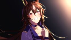 Rule 34 | 1girl, animal ears, breasts, brown hair, choker, cleavage, grin, hand up, highres, horse ears, jacket, korean commentary, long hair, looking at viewer, open mouth, red eyes, red vest, sirius symboli (umamusume), small breasts, smile, solo, starting future (umamusume), sweat, ukka (0ukka ), umamusume, v-shaped eyebrows, vest, white jacket, wristband