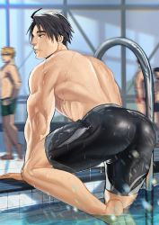 Rule 34 | 4boys, ahoge, arm support, ass, ass focus, back, black hair, black male swimwear, blurry, climbing, depth of field, dripping, from behind, highres, jammers, knee up, leaning forward, looking away, male focus, male swimwear, motion blur, multiple boys, muscular, muscular male, nikuo (29niku), original, parted bangs, parted lips, pool, pool ladder, profile, short hair, solo focus, thighs, water, water drop, wet