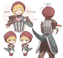 Rule 34 | 1boy, 1girl, blonde hair, brown pants, chibi, closed eyes, crocodilian tail, don quixote (project moon), dress, e.g.o (project moon), gauntlets, gloves, green dress, green gloves, heart, heart hands, highres, limbus company, love mintchoco, multiple views, open mouth, pants, project moon, red headwear, short hair, simple background, sinclair (project moon), smile, tail, white background, yellow eyes