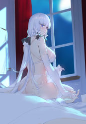 Rule 34 | 1boy, 1girl, absurdres, ass, azur lane, bare shoulders, bed, blue eyes, blush, bra, breasts, commentary request, elbow gloves, garter straps, gloves, hair ornament, highres, holding hands, illustrious (azur lane), large breasts, lingerie, long hair, looking at viewer, moon, moonlight, night, night sky, on bed, sitting, skindentation, sky, smile, swd3e2, thighhighs, underwear, white bra, white gloves, white hair, white thighhighs