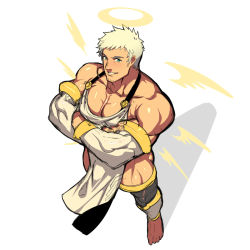 Rule 34 | 1boy, angel wings, apron, bara, bare shoulders, blonde hair, bulge, crossed arms, detached sleeves, facial hair, from above, full body, gyee, halow, highres, lvlv, male focus, muscular, pectorals, pelvic curtain, radian (gyee), short hair, sideburns, sketch, smile, solo, stubble, thick thighs, thighs, white apron, wings