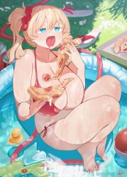 Rule 34 | 1girl, barefoot, bikini, blonde hair, blue eyes, blush, breasts, cleavage, day, fang, fingernails, florida-chan (ryusei hashida), food, food on body, food on breasts, hair between eyes, hair ornament, hair scrunchie, highres, holding, holding food, huge breasts, legs together, melting, one side up, open mouth, original, outdoors, pizza, pizza slice, plump, pool, red bikini, rubber duck, ryusei hashida, sandals, unworn sandals, scrunchie, skindentation, solo, swimsuit, wading pool, water, water gun, wet