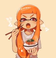Rule 34 | 1girl, bowl, chopsticks, daidaiika, earrings, fangs, floral background, holding, holding bowl, holding chopsticks, inkling, inkling girl, inkling player character, jewelry, long hair, looking at viewer, nintendo, open mouth, orange hair, pink background, pink eyes, pointy ears, rice, rice bowl, shirt, short sleeves, simple background, solo, splatoon (series), splatoon 2, upper body, v-shaped eyebrows, white shirt