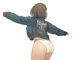 Rule 34 | 1girl, ass, back, bad id, bad pixiv id, blue jacket, bob cut, clothes writing, cowboy shot, english text, facing away, from behind, jacket, long sleeves, monamin, no pants, original, outstretched arms, panties, short hair, simple background, skindentation, solo, spread arms, standing, underwear, white background, white panties