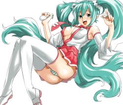 Rule 34 | 1girl, alcohol, aqua hair, breasts, covered erect nipples, hatsune miku, long hair, miniskirt, necktie, open clothes, open shirt, panties, pantyshot, poporon, sake, shirt, skirt, solo, striped clothes, striped panties, thighhighs, twintails, underwear, very long hair, vocaloid, waitress