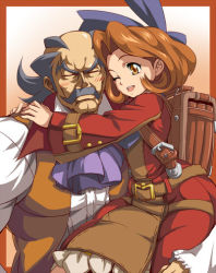 Rule 34 | 1boy, 1girl, age difference, ahoge, backpack, bag, belt, blush, brown eyes, brown hair, carol anderson, carrying, closed eyes, collar, dress, elvis, elvis (wild arms), facial hair, father and daughter, formal, frown, grey hair, hair ribbon, hug, mustache, no-ma, no~ma, one eye closed, open mouth, outside border, randoseru, red dress, ribbon, short hair, simple background, smile, wild arms, wild arms 5, wink