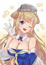 Rule 34 | 1girl, absurdres, blonde hair, blue shirt, breasts, cleavage, come2traveling, double bun, fletcher (kancolle), gloves, gradient background, hair bun, hairband, highres, kantai collection, large breasts, long hair, looking at viewer, neckerchief, off shoulder, purple eyes, sailor collar, school uniform, serafuku, shirt, solo, star (symbol), starry background, upper body, waving, white gloves, white sailor collar, yellow neckerchief