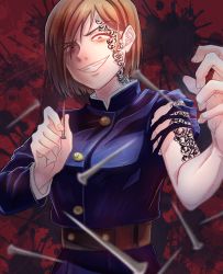 Rule 34 | 1girl, belt, black background, blood, blood splatter, breasts, brown eyes, brown hair, constricted pupils, evil grin, evil smile, grin, hands up, highres, holding, holding nail, holding weapon, jujutsu kaisen, kisaragi yyyui, kugisaki nobara, nail, red background, school uniform, short hair, smile, solo, tattoo, teeth, torn clothes, torn sleeves, upper body, v-shaped eyebrows, weapon