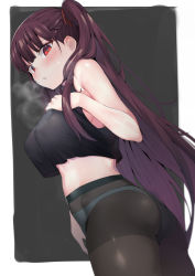 Rule 34 | 1girl, ass, black pantyhose, blush, braid, breasts, breath, crop top, french braid, girls&#039; frontline, hair ribbon, half updo, hand on own chest, k pring, large breasts, long hair, looking at viewer, one side up, open mouth, panties, panties under pantyhose, pantyhose, purple hair, red eyes, ribbon, solo, tsurime, underwear, very long hair, wa2000 (girls&#039; frontline), white panties
