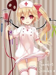 Rule 34 | 1girl, alternate costume, alternate headwear, bad id, bad twitter id, bandages, blonde hair, blood, bow, character name, clothes lift, cross, dress, dress lift, english text, engrish text, flandre scarlet, hair bow, hair ornament, hat, jpeg artifacts, laevatein, looking at viewer, nunucco, nurse, nurse cap, open mouth, ponytail, puffy sleeves, ranguage, red eyes, short sleeves, side ponytail, smile, solo, striped, striped background, thighhighs, touhou, white dress, white thighhighs, wings, zettai ryouiki