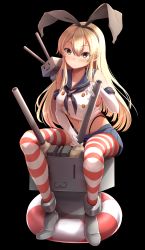 Rule 34 | 1girl, :3, absurdres, black panties, blonde hair, commentary request, crop top, crop top overhang, elbow gloves, gloves, grey eyes, highleg, highleg panties, highres, kantai collection, long hair, looking at viewer, miniskirt, navel, nicoby, panties, rensouhou-chan, school uniform, serafuku, shimakaze (kancolle), simple background, skirt, solo, striped clothes, striped thighhighs, thighhighs, turret, underwear, white gloves
