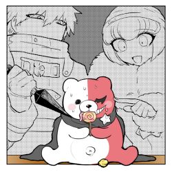 Rule 34 | 1boy, 1girl, :d, ando ruruka, black scarf, candy, danganronpa (series), danganronpa 3 (anime), danganronpa v3: killing harmony, food, fur-trimmed jacket, fur collar, fur trim, grin, holding, holding candy, holding food, holding lollipop, holding weapon, izayoi sounosuke, jacket, kunai, lollipop, looking at another, monotaro (danganronpa), open mouth, pointing, pointing at another, scared, scarf, shimada (dmisx), short hair, smile, star ornament, stuffed animal, stuffed toy, sweat, teddy bear, teeth, weapon